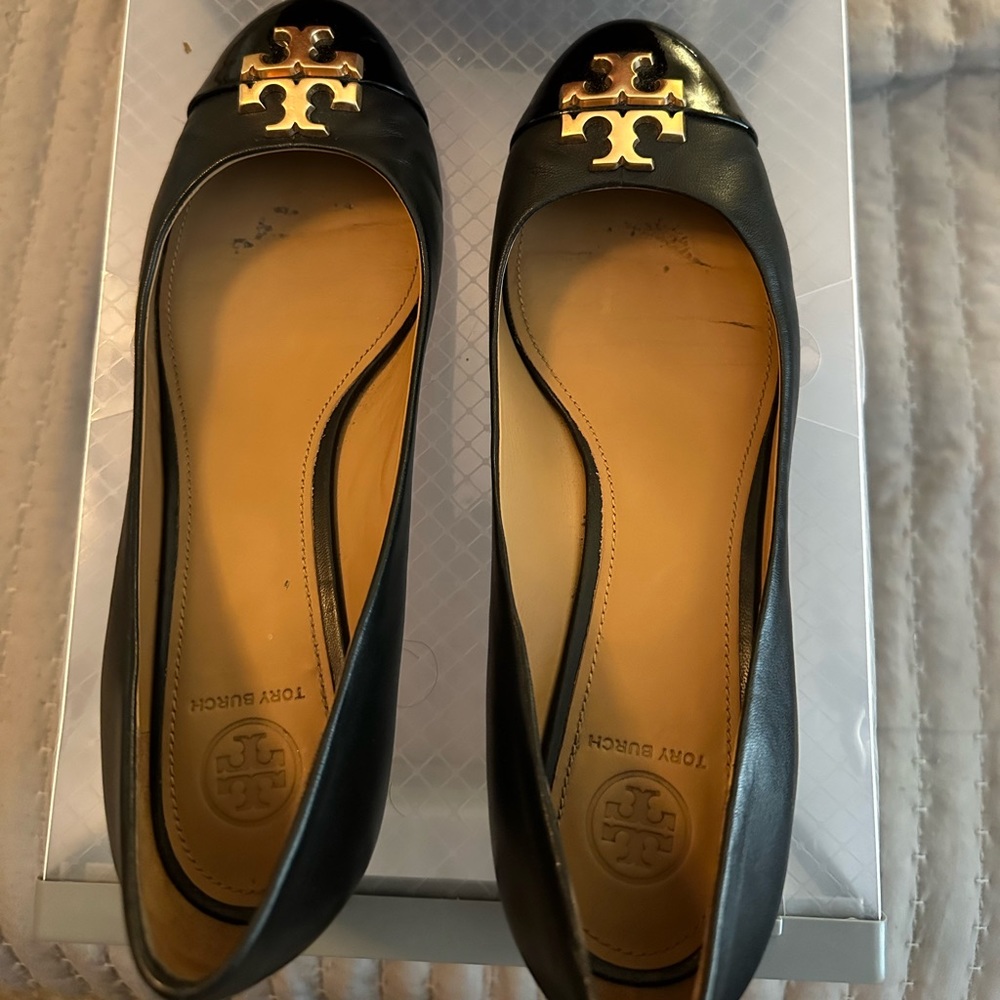 Tory Burch Everly Cap Toe Wedge, black patent toe, worn once to wedding